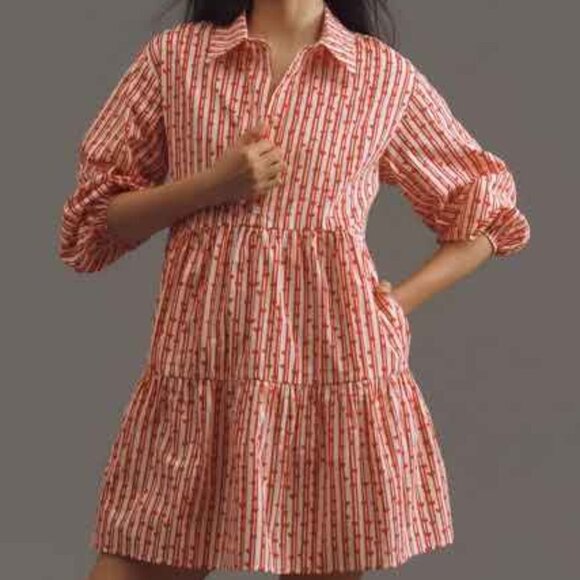 MAEVE The Bettina Tiered Mini Shirt Dress Women's Sz XXS Red Striped heart print - Picture 2 of 9